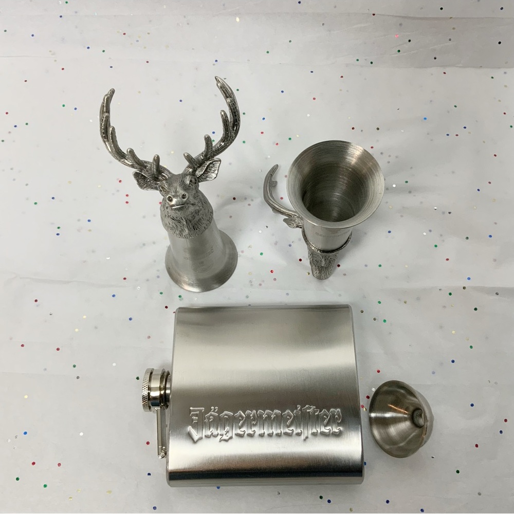 Vintage Jäegermeister Pewter Deer Stag Head Shot Glasses Set Of 2 With Flask